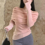Sexy Slash Neck Knitted Sweater Women Fashion Pleated Off Shoulder Jumpers Woman Elegant Long Sleeve Slim Ft Pullovers-Outfit