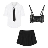 Gothiscyn White Shirts + Pu Vest + Mini Pleated Skirt Girls Short Sleeve Black Tie French Slim Women Summer Design Polo