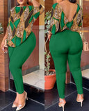Autumn New Women's Fashion Leisure Bare-Back Printed Trousers Suit-Outfit