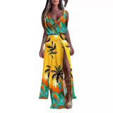 Hot Style Summer Sleeveless V-Neck Print Hem Slit Dress Woman-Outfit