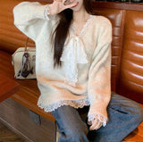 Woherb Type Advanced Feeling Catch Spell Lace Bow False Two Knit Sweater Female Autumn Dong New Style Languid Lazy Wind Bottom Sweater-Outfit