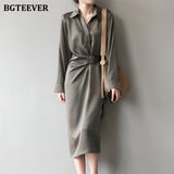 Fashion Turn-down Collar Women Satin Mid-length Dress Casual Loose Irregular Belted Female Dress 2022 Spring-Outfit