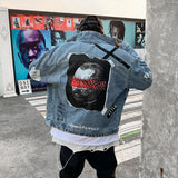Letter Character Mens Jeans Jacket Oversize Hip Hop Blue Jaqueta Masculino Denim Coat Chaqueta Hombre Bomber