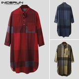 Plaid Sleep Robes INCERUN Mens Long Sleeve O Neck Nightwear Cotton Pockets Nightgown Cozy Buttons Sleepwear Plus Size