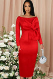 Elegant Red Big Bow Off Shoulder Long Sleeve Chic Slit Party