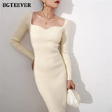 Vintage Square Collar Package Hip Knitted Dress Women Autumn Winter Full Sleeve Slim Fit Bodycon Sweater Dress Female-Outfit