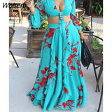 Women Two Piece Elegant Dress Suits Long Sleeve Tie Up Crop Top & Maxi Skirt Set-Outfit