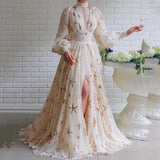New Multi-Colored Half-High Collar Glide Open Lantern Sleeve Sleeve Chiffon Dress Chiffon
