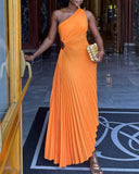 Women High Waist Hollow Out One Shoulder Cutout Pleated Dress Evening Party Ankle Length Long Dress Sleeveless Sexy Slim-Outfit