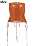 Kliou Hollow Out Bandage Faux Leather PU Tank Top Women 2021 Solid Streetwear Backless Sleeveless Sexy Party Clubwear