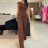 Woherb 2024 New Solid Color Diagonal Collar Stripe Elastic Slim Knit Sweater Pants Suit Women-Outfit