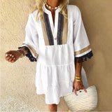 Bohemian Floral Printed Beach Dress Women Sexy Ruffle Sleeve Boho Short Dresses Vestidos Casual Loose V-Neck Summer Sundress