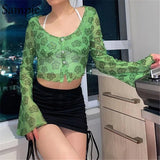 Fashion Sexy Spring Mesh Print Y2K 90s Long Sleeve Women T Shirt Tops Casual Summer 2021 Skinny Transparent Party