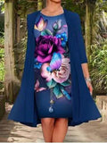 Vintage Autumn Harajuku Fake Two Piece Cardigan Mid Dress Elegant Chic Pattern Print Loose Dress Women Casual O Neck Party