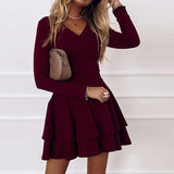 2021 Spring Summer Elegant Solid Color Ruffle Party Dress Women Sexy V-neck Long Sleeve A-Line Dress Ladies Fashion Loose