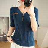 Woherb 2024 New Short Knit Women's Fashion Slim Short-Sleeve T-Shirt Thin Medium Sleeve Top-Outfit