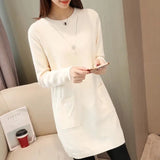 Sping Winter Women Black Sweaters Casual Solid O-Neck Long Sleeve Knit Sweaters Loose Pockets Mid Length Pullover Female