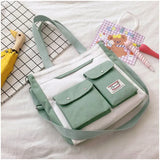 Women's Double Pocket Canvas Bag Fashion Trend Single Shoulder Bag with Lid Zipper Messenger Bag Tote Bag Student Tuition