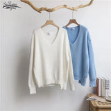 Winter V Neck Blue Thick Knit Pullover Women's Irregular Oversize Sweater Knitted Long Sleeve White Warm Sweaters