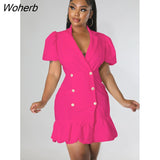 Elegant Commuter Mini Dress Women Fashion V-neck Double Breasted Puff Sleeves Ruffled Mini Dress Women-Outfit