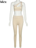 Kliou Sporty Solid Two Piece Set Women Skinny Inclined Shoulder Hole Cleavage Tank Tops+ Concise Stretchy Pants Workout