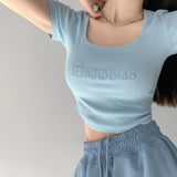Woherb Letter Embroidered Slim Bottom Shirt Square Collar Low Breast Collarbone Short-Sleeve T-Shirt Midcrop High Waist