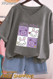 Plus Size T Shirt 100% Cotton L-5XL Tshirt Short Sleeve Women Top 2023 Summer Cartoon T Shirt V Neck Oversized T Shirts-Outfit
