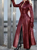 Leather Clothing with Stand Collar Zipper Women Long Trench Coat Solid Color Long Sleeve Slim Fashion Casual Sexy-Outfit