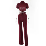 Elegance Jumpsuit Women Summer Knitted Turtleneck Backless Sexy Wide Leg Jumpsuit Femme Y2K Hollow Out White