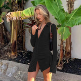 Velvet Frill Button Dress Sexy Elegant Long Sleeve Turn Down Collar Slim Autumn Vintage Casual Party Mini Dress
