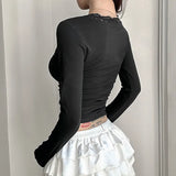 Woherb Pure Desire Sexy Wind Lace Splicing Base Long-Sleeved T-Shirt V-Neck Pure Color Slim Slim Joker Top-Outfit