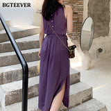 Vintage Sleeveless Purple Dress for Women Summer O-neck Slim Waist Lace-up Vestidos Split Elegant Ladies Dress 2020-Outfit