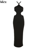 Kliou Ribbed Lace up Maxi Dress Women Sexy Solid Sleeveless Backless Body-Shaping Cut Out Skirt Party Clubwear Female