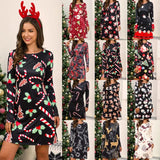 Autumn Spring New Sexy O Neck Long Sleeve Women's Mini Dress Fashion Casual Santa Claus Print Lady Dress 2020