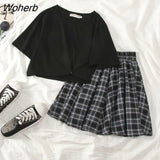 Women 2 Piece Sets Crop Tops Simple O-Neck Tees Harajuku High Waist A-Line Plaid Skirts Preppy Style Retro Loose Casual Newest-Outfit
