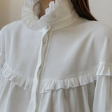 Woherb Women's Wear Early Spring 2024 New Shirt Women's French Lapel Lantern Sleeve Lace Design Sense Loose White Shirt-Outfit