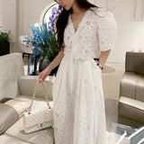 Woherb Chic Niche Temperament V Neck Hollow Lace Embroidered Jacket Women High Waist Pressure Pleated Skirt Two Sets Of Women-Outfit