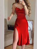 Women Fashion Spaghetti Strap Midi Dress Slip Dress Women Sexy Slim Fit Bodycon High Slit Party