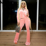 Kliou Solid Velour Two Piece Set Women Simple Casual Zipper Long Sleeve Turtleneck Top+Bandage Lace Slim Female Wide Leg