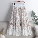 Retro Flower Print Hollow Lace Skirts Elegant High Waist Midi A-line Long Skirt QT1473-Outfit