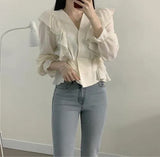 Cute Japan Korean Style Design ClothesAutumn Flare Sleeve Solid Peplum Baby shirt tops Short Blosas