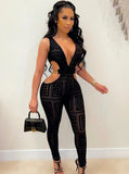 Black Print Mesh Cut Out Deep-V Sexy Party