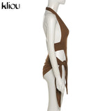 Kliou Solid Deep V sexy Two Piece Sets Midnight Club Halter Top And Skirt Backless Summer Partywear Hollow Out Ruched Women
