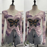 Shooting Amount Of Bumpy Tulle Spliced Denim Butterfly Design Sunscreen Coat V Collar Short T-Shirt