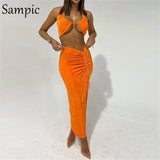 Fashion Sexy Women Summer Split Long Skirt Set 2021 Halter Skinny Orange Tops And High Waisted Skirt Suit Two Piece