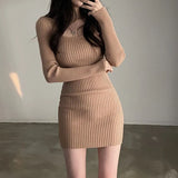 2023 Fall Winter Skinny Knitted Dress Women Black Sexy Bodycon Mini Dresses Female Elegant Slim Long Sleeve Sweater Dress-Outfit