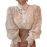 Spring Chic Button Hollow Out Flower Lace Patchwork Shirt Stand Collar Femme Blusas Petal Sleeve Women Blouses