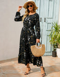Autumn New Bohemian Floral Print Long Sleeve Waist Dress Women O Neck Loose Casual Beach Vestidos Holiday Robe Dresses-Outfit