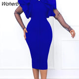 Winter Elegant Mesh Puff Sleeve Slim Dress African Women Fashion Solid Perter Pan Collar Party Dress Women-Outfit