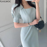 Korean Chic Summer New Style Feminine Vestidos Women Retro Gentle Wind Square Collar Solid Color Office Lady Split Long